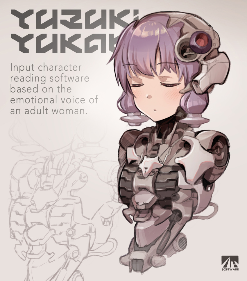 1girl amputee android blush character_name closed_eyes closed_mouth commentary_request english_text hair_ornament headgear highres mechanical_parts purple_hair short_hair_with_long_locks solo vocaloid voiceroid yasuhara_roku yuzuki_yukari zoom_layer