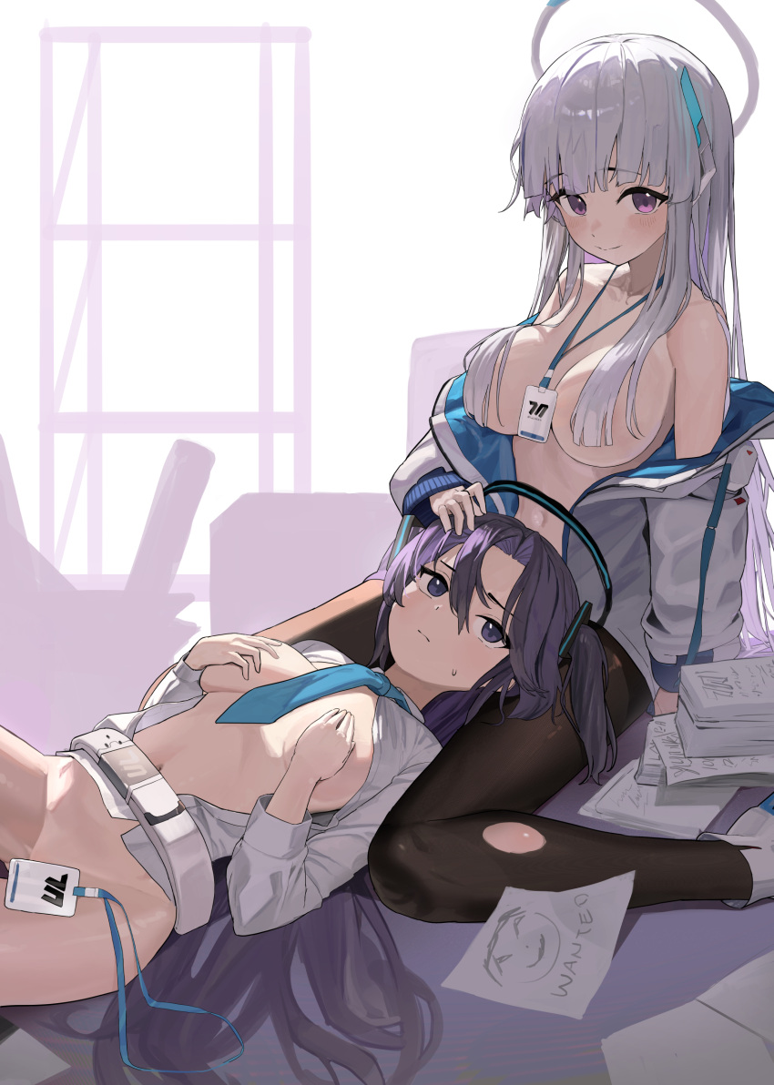 2girls absurdres belt_buckle black_pantyhose blue_archive blush bottomless breasts buckle collarbone convenient_censoring covering_nipples grey_hair halo highres jacket lanyard lap_pillow large_breasts looking_at_another looking_at_viewer lovelyme lying multicolored_clothes multicolored_jacket multiple_girls navel no_bra no_shirt noa_(blue_archive) on_back pantyhose purple_eyes purple_hair shirt sidelocks sitting smile sweatdrop torn_clothes torn_pantyhose two-tone_jacket wariza white_shirt yuuka_(blue_archive)