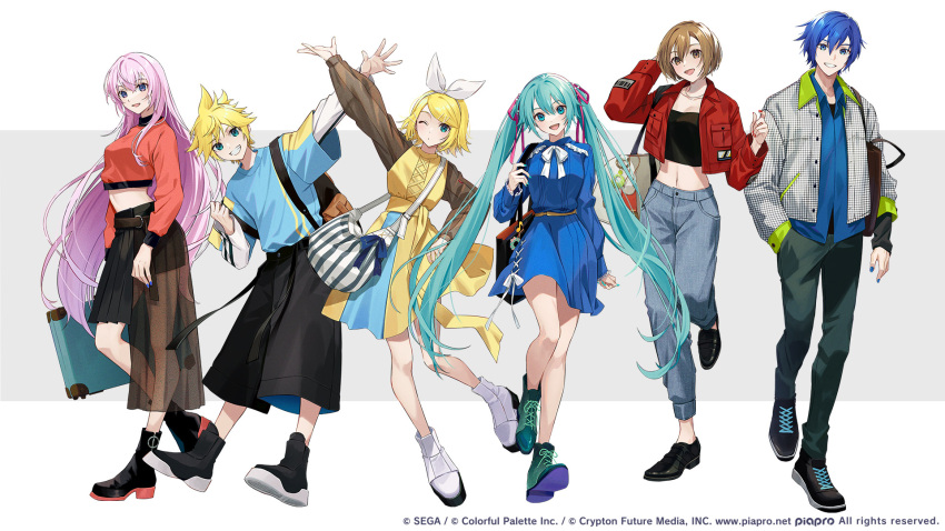 2boys 4girls alternate_costume ankle_boots aqua_dress aqua_eyes aqua_hair aqua_nails arm_at_side arm_up arms_at_sides asymmetrical_clothes asymmetrical_skirt backpack bag baggy_clothes baggy_shorts barcode bare_legs belt black_bag black_belt black_footwear black_shorts black_skirt blonde_hair blue_dress blue_hair blue_nails blue_ribbon blue_shirt boots bow bow_hairband breast_pocket breasts brown_bag brown_belt brown_eyes brown_hair brown_sleeves buttons clenched_hand collarbone colored_shoe_soles commentary_request contrapposto crop_top cropped_jacket cropped_sweater cross-laced_clothes cross-laced_dress crypton_future_media dark_blue_hair denim doily dorsiflexion dot_nose double_vertical_stripe dress dress_shirt dress_shoes fashion fingernails floating_hair full_body green_eyes green_footwear green_jacket grey_background grey_pants grin hair_between_eyes hair_bow hair_ornament hair_over_shoulder hair_ribbon hairband hairclip hand_in_pocket hand_on_own_head hand_on_own_hip hand_up hands_up hatsune_miku head_tilt height_difference high-low_skirt highres hinatsu holding holding_strap holding_suitcase jacket jeans jewelry kagamine_len kagamine_rin kaito_(vocaloid) layered_sleeves leather_bag legs_together letterboxed light_smile lineup long_hair long_skirt long_sleeves looking_at_viewer medium_breasts megurine_luka meiko_(vocaloid) midriff miniskirt multiple_boys multiple_girls narrow_waist neck_ribbon necklace official_art one_eye_closed open_clothes open_jacket open_mouth pants parted_bangs piapro pink_hair pink_ribbon plaid plaid_jacket pleated_dress pleated_skirt pocket project_sekai purple_eyes raglan_sleeves red_jacket red_nails red_sweater ribbon see-through see-through_skirt see-through_sleeves sega shirt shirt_tucked_in shoelaces shoes short_hair short_over_long_sleeves short_sleeves shorts shoulder_bag side_slit simple_background skirt sleeves_past_wrists smile sneakers standing standing_on_one_leg strap_slip striped suitcase sweater swept_bangs tsurime twintails two-sided_fabric two-sided_jacket two-sided_shorts two-tone_background two-tone_dress very_long_hair vocaloid white_background white_bag white_bow white_ribbon white_shirt yellow_belt yellow_dress zipper zipper_pull_tab