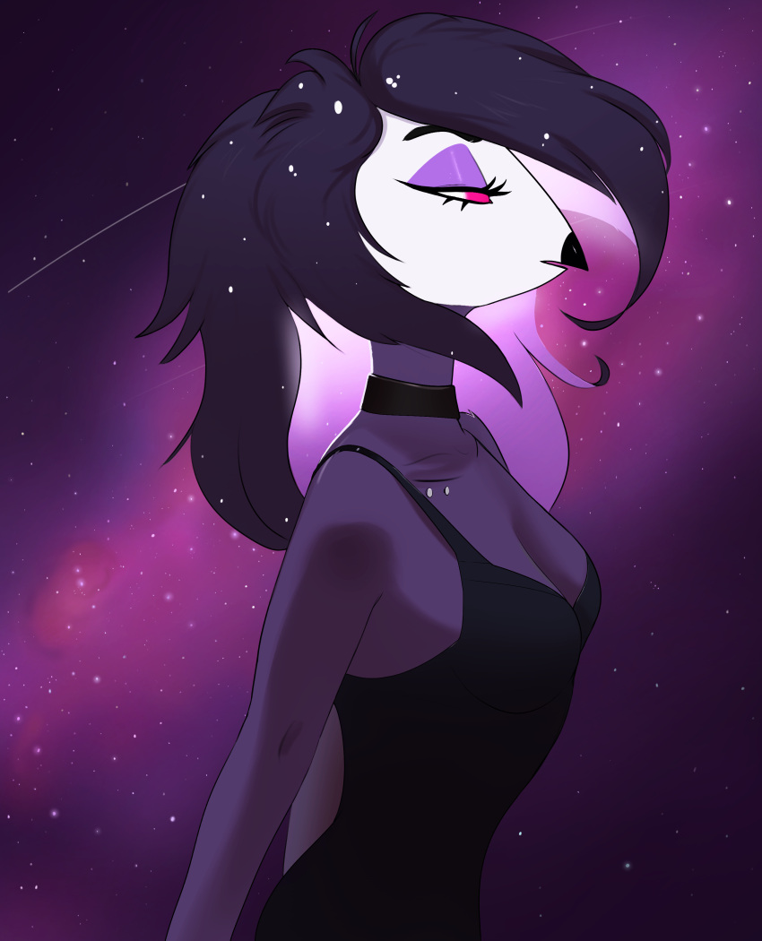 absurd_res anthro avian bird black_hair breasts choker clothed clothing eyelashes eyeshadow female fully_clothed hair helluva_boss hi_res jesterwing jewelry makeup narrowed_eyes necklace night octavia_(helluva_boss) owl owl_demon purple_eyeshadow red_eyes side_view solo star