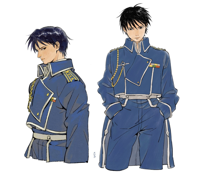 1boy aiguillette amestris_military_uniform arms_at_sides black_eyes black_hair blue_jacket blue_pants buttons closed_mouth collared_jacket collared_shirt contrapposto cropped_legs cropped_torso double-breasted dress_shirt from_side fullmetal_alchemist grey_shirt half-closed_eyes hands_in_pockets hdyjeon head_down highres jacket looking_afar looking_at_viewer looking_back male_focus messy_hair military military_jacket military_uniform multiple_views pants profile roy_mustang serious shirt sideways_glance silver_trim simple_background swept_bangs tsurime uniform white_background