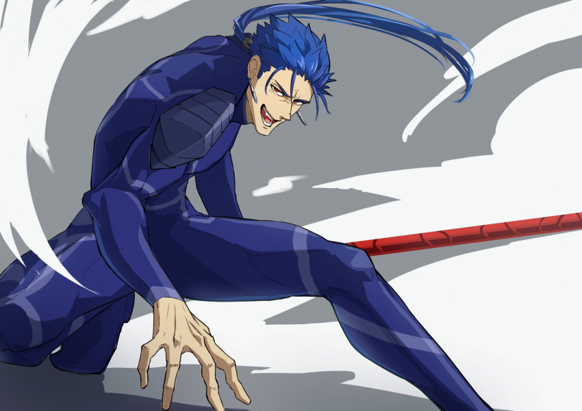 1boy armor blue_bodysuit blue_hair bodysuit cu_chulainn_(fate) cu_chulainn_(fate/stay_night) earrings fang fate/stay_night fate_(series) foot_out_of_frame furrowed_brow haruakira holding holding_polearm holding_weapon jewelry long_hair male_focus mature_male open_mouth polearm ponytail red_eyes solo squatting teeth toned toned_male veins veiny_hands weapon