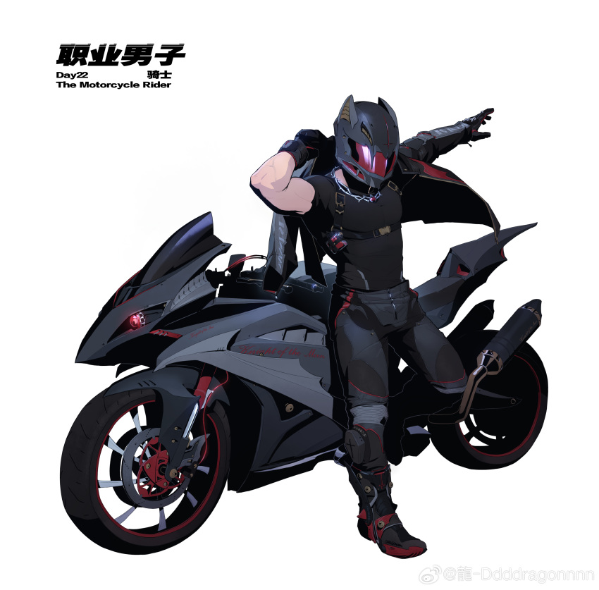 1boy absurdres against_vehicle bara chest_belt dragonpie dressing from_above full_body gloves helmet highres large_pectorals male_focus motor_vehicle motorcycle motorcycle_helmet muscular muscular_male original pants pectorals short_hair solo thick_eyebrows thorns_necklace track_pants underbust white_background