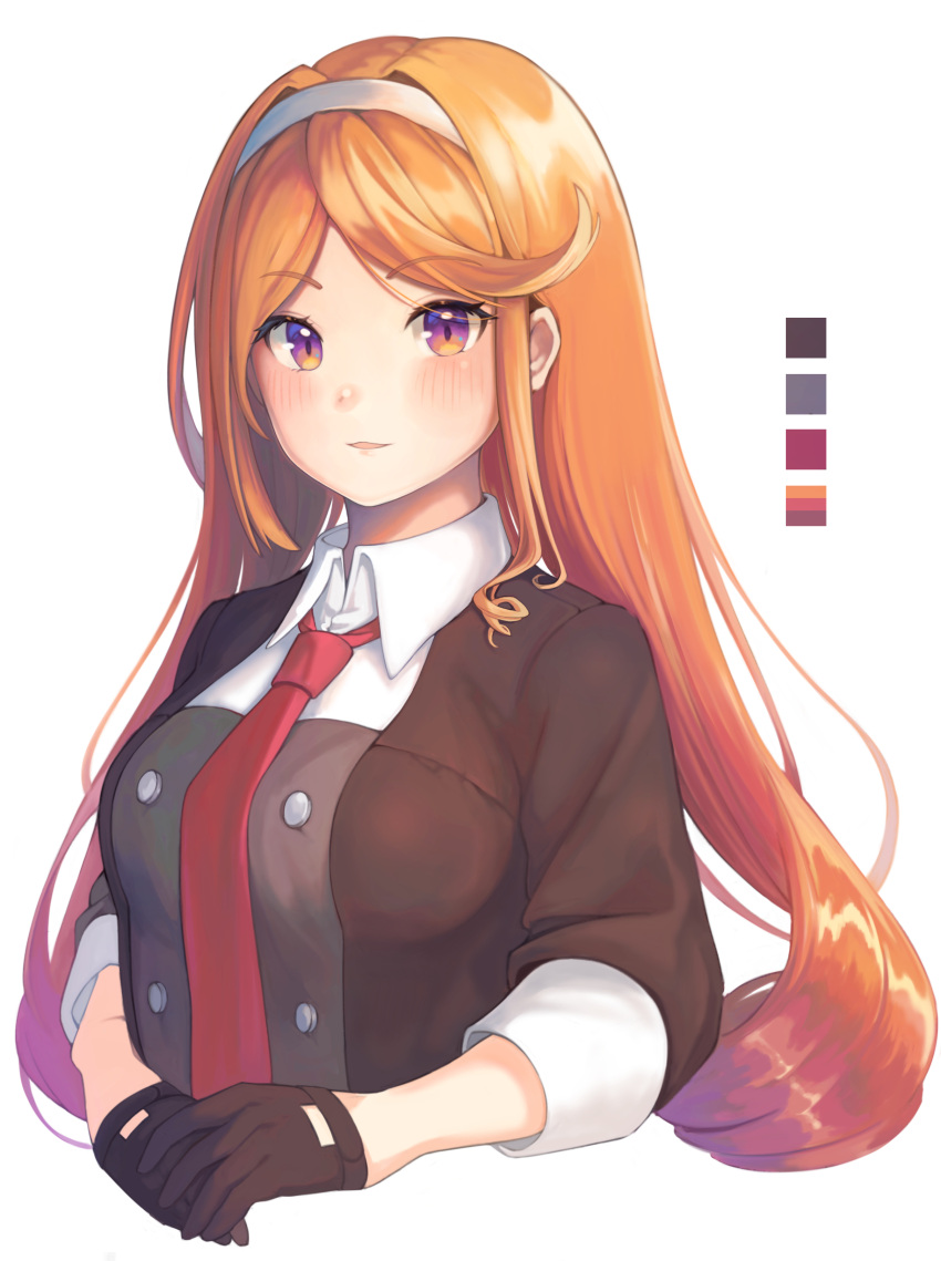 1girl absurdres asymmetrical_sidelocks black_gloves blush breasts brown_hair collared_shirt cropped_torso gloves gradient_hair hairband highres jacket kantai_collection long_hair looking_at_viewer multicolored_hair necktie orange_hair parted_lips purple_eyes purple_hair red_necktie rom_(rommmoon) shirt sidelocks simple_background solo upper_body very_long_hair white_background white_hairband white_shirt yuugure_(kancolle)