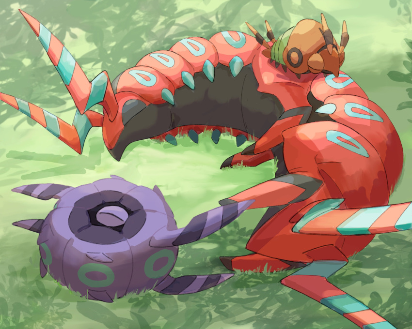 alternate_color antennae closed_eyes commentary dappled_sunlight day english_commentary evolutionary_line grass highres lying momota_pix no_humans on_side outdoors pokemon pokemon_(creature) scolipede shiny_pokemon sleeping sunlight venipede whirlipede