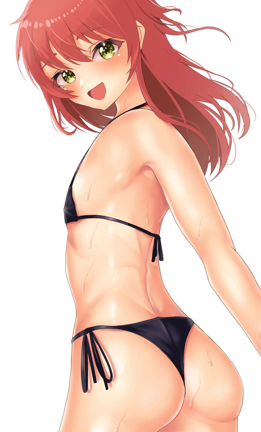 1girl absurdres ass back bikini black_bikini blush bocchi_the_rock! breasts check_commentary commentary commentary_request covered_nipples flat_chest floating_hair hair_between_eyes highres inuko_inudog kita_ikuyo looking_at_viewer looking_back open_mouth red_hair sidelocks small_breasts smile sweat swimsuit thong toned turning_head upper_body yellow_eyes