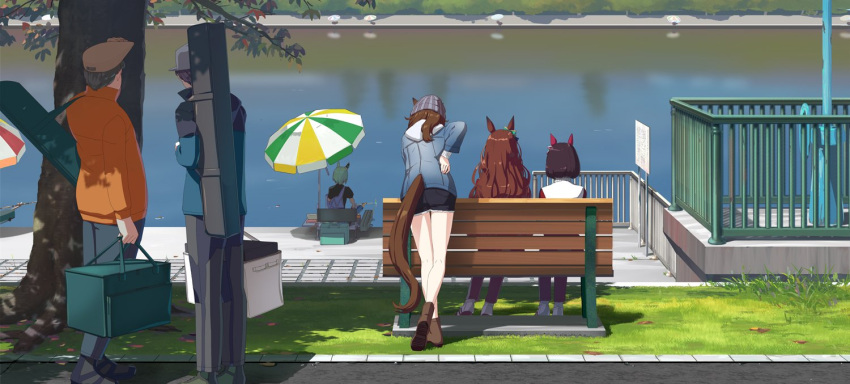 2girls 4girls animal_ears bag baseball_cap beanie bench black_pants black_shorts blue_jacket boots brown_footwear brown_hair brown_headwear cabbie_hat cutoffs day denim denim_jacket fishing grey_hair grey_headwear hand_on_own_hip hat holding holding_bag horse_ears horse_girl horse_tail jacket long_hair long_sleeves mejiro_bright_(umamusume) multiple_girls nakayama_festa_(umamusume) nishino_flower_(umamusume) orange_jacket outdoors overalls pants railing red_pants river seiun_sky_(umamusume) shadow shoes short_hair shorts sign sneakers tail takuzui tree umamusume umbrella