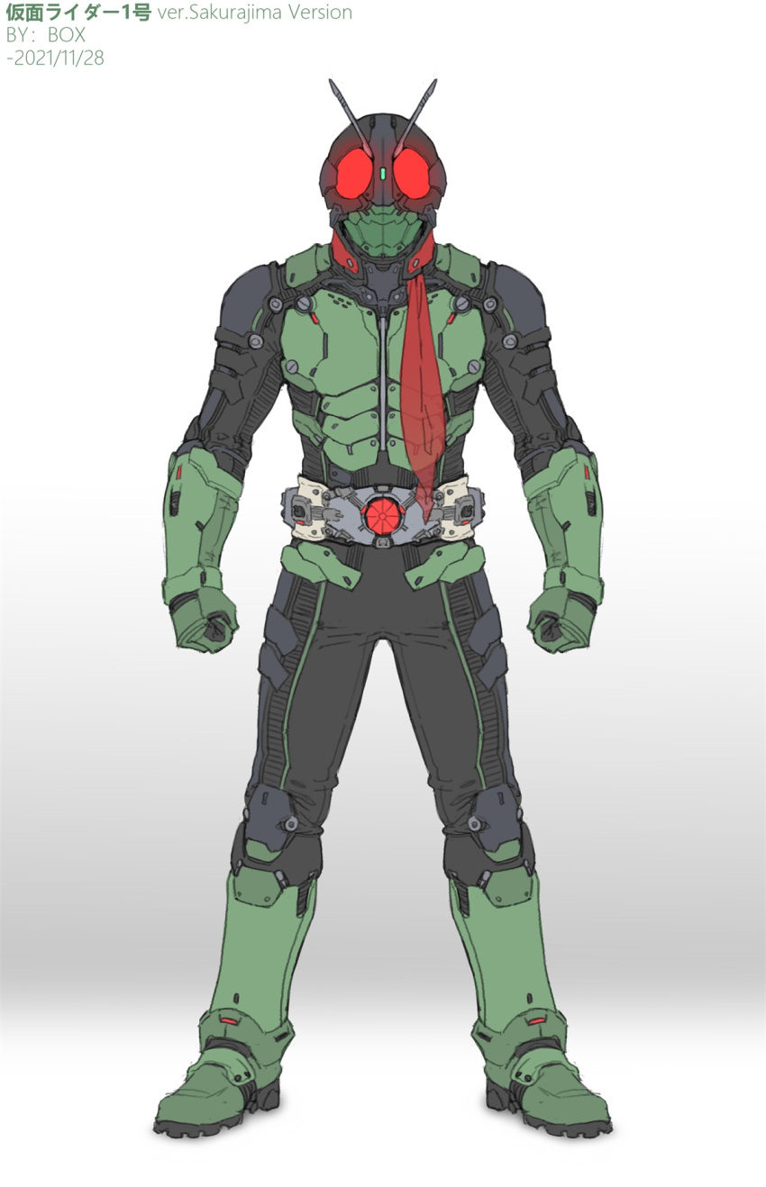 1boy antennae armor armored_boots black_bodysuit bodysuit boots breastplate chinese_commentary clenched_hands commentary_request driver_(kamen_rider) full_body gauntlets glowing glowing_eyes green_armor grey_footwear highres kamen_rider kamen_rider_(1st_series) kamen_rider_1 red_eyes red_scarf scarf simple_background solo standing typhoon_(kamen_rider) v-fin white_background xiangzi_box