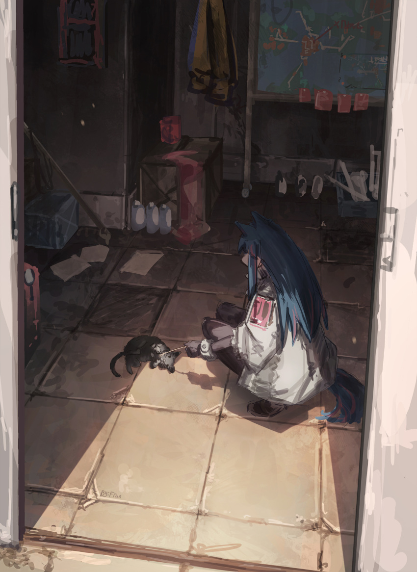 absurdres animal animal_ears arknights blue_hair cat chalk crate door franlol highres jacket long_hair multicolored_hair open_door pantyhose pink_hair sidelocks squatting tail texas_(arknights) white_jacket wolf_ears wolf_girl wolf_tail