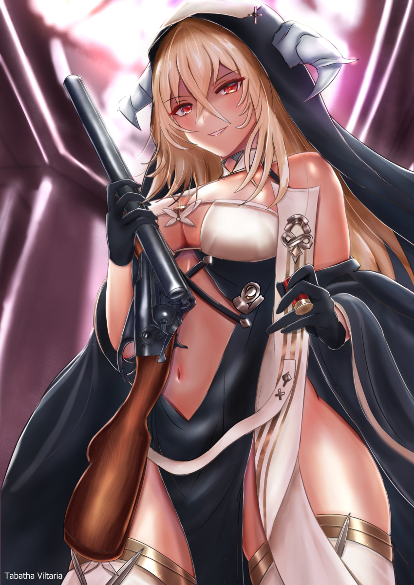 1girl absurdres ammunition azur_lane bare_shoulders black_gloves blonde_hair blurry blurry_background breast_cutout breasts cleavage clothing_cutout cowboy_shot double-barreled_shotgun evil_smile fake_horns framed_breasts gloves gun habit hair_between_eyes half_gloves highres holding holding_gun holding_weapon horns implacable_(azur_lane) large_breasts looking_at_viewer navel nun pelvic_curtain red_eyes revealing_clothes shotgun shotgun_shell smile solo stomach_cutout tabathaviltaria thighhighs weapon white_horns white_thighhighs