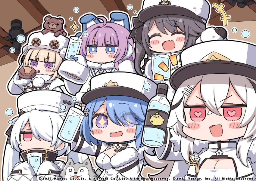 6+girls @_@ anchor_symbol azur_lane black_gloves blonde_hair blue_bow blue_eyes blue_hair blunt_bangs bottle bow breasts ceiling_fan chapayev_(azur_lane) chibi cleavage closed_eyes coat crossed_bangs dog drinking fang fur-trimmed_coat fur-trimmed_sleeves fur_trim gangut_(azur_lane) gloves grozny_(azur_lane) hair_between_eyes hair_ornament hair_over_one_eye hairclip heart heart-shaped_pupils holding holding_bottle indoors jitome kiev_(azur_lane) large_breasts long_hair long_sleeves medium_hair multicolored_hair multiple_girls nejikirio no_nose official_art open_mouth pamiat_merkuria_(azur_lane) pink_eyes purple_eyes purple_hair skin_fang sleeves_past_fingers sleeves_past_wrists smile sparkling_eyes streaked_hair symbol-shaped_pupils tashkent_(azur_lane) twintails v-shaped_eyebrows white_coat white_hair white_headwear