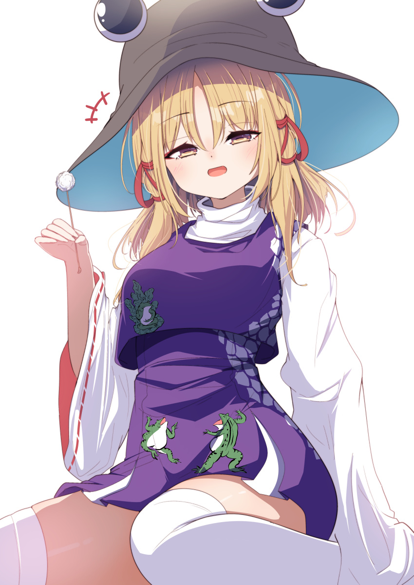 1girl absurdres animal_print blonde_hair breasts cotton_swab darumoon dress eyeball frog_print hat highres japanese_clothes medium_breasts moriya_suwako purple_dress pyonta short_hair socks thighhighs touhou white_socks wide_sleeves