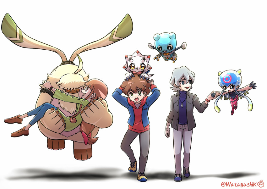 angoramon anthro bandai_namco belt brown_hair digimon digimon_(species) digimon_ghost_game espimon female fur gammamon grey_hair group hair hair_over_eyes hi_res hiro_amanokawa human humanoid jellymon kiyoshiro_higashimitarai long_ears male mammal princess_carry ruri_tsukiyono tentacles watagashikn white_body yellow_body yellow_fur