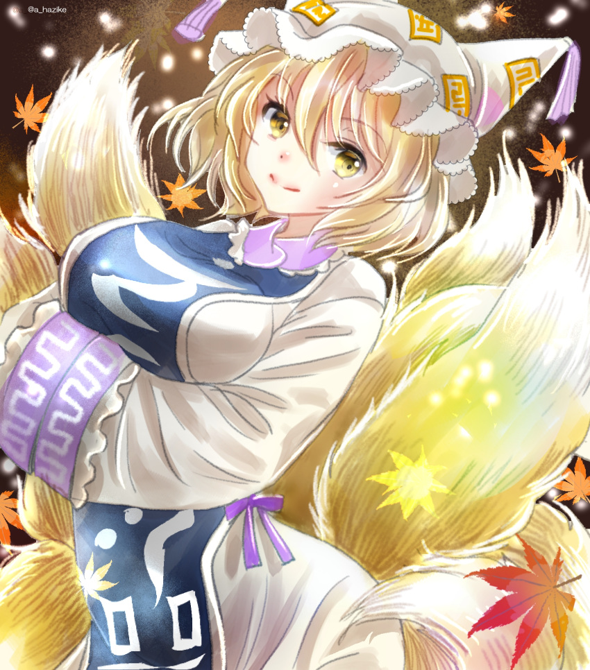 1girl animal_ears autumn_leaves blonde_hair blue_tabard breasts dress fox_ears fox_tail hajike_akira hands_in_opposite_sleeves hat highres large_breasts leaf long_sleeves maple_leaf mob_cap multiple_tails short_hair smile tabard tail touhou white_dress white_headwear wide_sleeves yakumo_ran yellow_eyes