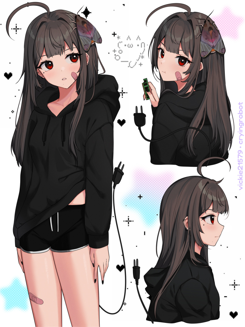 1girl ahoge animal_on_head arms_at_sides artist_name ascii_art bandaid bandaid_on_cheek bandaid_on_face bandaid_on_leg black_hoodie black_nails black_shorts black_sweater breasts brown_hair bug cable cable_tail cat closed_mouth commentary cowboy_shot drawstring ear_piercing earrings eating electric_plug food_bite from_behind from_side gym_shorts heart highres holding hood hood_down hoodie jewelry long_hair long_sleeves looking_at_viewer looking_back mechanical_tail midriff_peek mole mole_under_eye moth multiple_views nail_polish on_head original parted_lips piercing profile ram_(computer) red_eyes shorts simple_background small_breasts sparkle sweater symbol-only_commentary tail tail_raised upper_body vickie_(cryingrobot) vickie_(cryingrobot)_(character) white_background