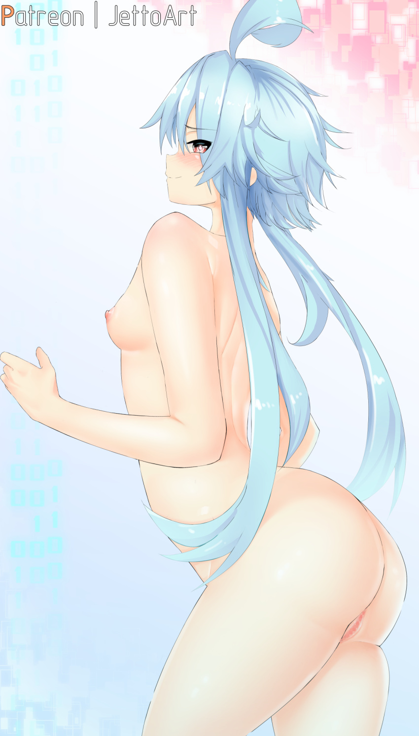 1girl absurdres ass blue_hair blush breasts censored completely_nude cowboy_shot english_commentary from_behind from_side frown hand_up highres jetkerbal leaning_forward looking_at_viewer looking_back naughty_face neptune_(series) nipples nude power_symbol pussy red_eyes short_hair_with_long_locks small_breasts smile solo symbol-shaped_pupils thighs white_heart