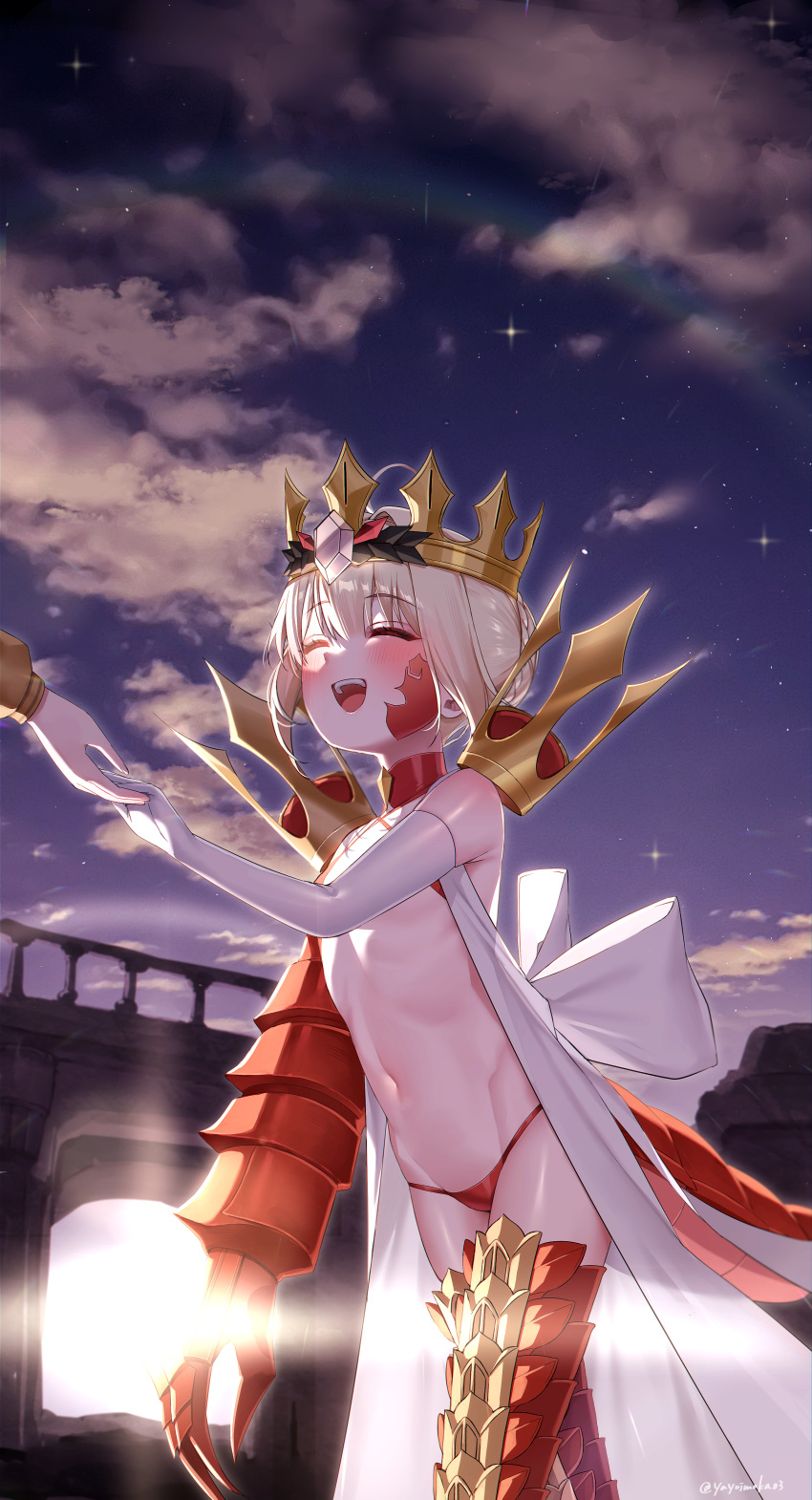 1girl absurdres ahoge bikini blonde_hair blush braid breasts closed_eyes criss-cross_halter crown dragon_claw dragon_tail elbow_gloves facial_mark fate/grand_order fate_(series) french_braid gloves hair_bun hair_intakes hair_ribbon halterneck highres long_hair navel nero_claudius_(fate) night night_sky open_clothes open_mouth pointy_ears queen_draco_(fate) queen_draco_(second_ascension)_(fate) red_bikini red_ribbon ribbon robe scales single_glove sky small_breasts smile solo_focus swimsuit tail thighs white_gloves white_robe yayoi_maka
