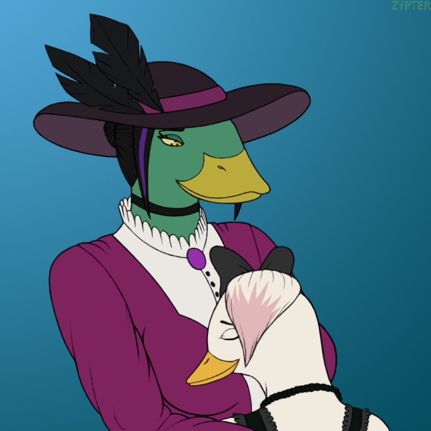 accessory anatid anseriform anthro aunt_(lore) aunt_and_niece_(lore) avian big_breasts bird black_hair blouse bow_accessory bow_ribbon breasts ciphna12 classy clothing daughter_(lore) disney duck ducktales ducktales_(2017) duo eyes_closed fancy_clothing female female/female hair hair_accessory hair_bow hair_ribbon half-closed_eyes hat head_on_breasts head_on_chest headgear headwear hi_res highlights_(coloring) lena_(ducktales) magica_de_spell mother_(lore) mother_and_child_(lore) mother_and_daughter_(lore) narrowed_eyes niece_(lore) parent_(lore) parent_and_child_(lore) parent_and_daughter_(lore) pink_hair purple_highlights ribbons smile teenager topwear white_hair wholesome young