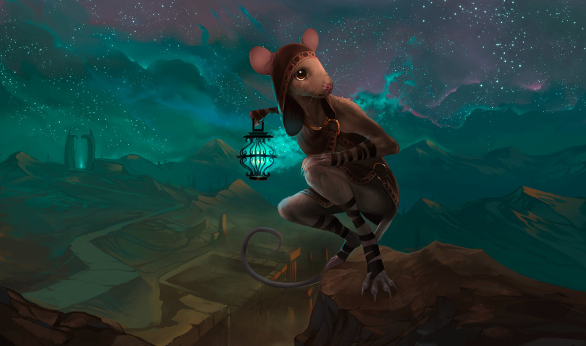 4_toes absurd_res ambiguous_gender anthro building claws clothed clothing crouching detailed_background digital_media_(artwork) feet fingers fur glowing grey_body grey_fur hand_on_knee hand_on_leg hi_res holding_lantern holding_object hood ishton_(artist) lamp lantern mammal mountain mouse murid murine outside pink_nose planeswalker rodent ruins sky solo star starry_sky tail toe_claws toes