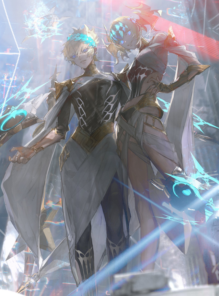 1boy 1girl absurdres armor au_(d_elete) bare_shoulders black_shirt blonde_hair blue_eyes bracer brother_and_sister castor_(fate) chakram collar diadem fate/grand_order fate_(series) from_below gemini_(constellation) highres looking_at_viewer medium_hair metal_collar pauldrons pollux_(fate) robe shirt short_hair shoulder_armor siblings smile twins weapon white_robe