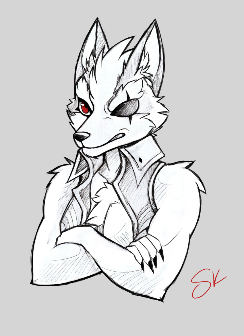 2023 absurd_res anthro canid canine canis chest_tuft clothing crossed_arms eye_patch eyewear hi_res looking_at_viewer male mammal naaraskettu nintendo red_eyes shoulder_tuft sketch solo star_fox topwear traditional_media_(artwork) tuft vest wolf wolf_o'donnell