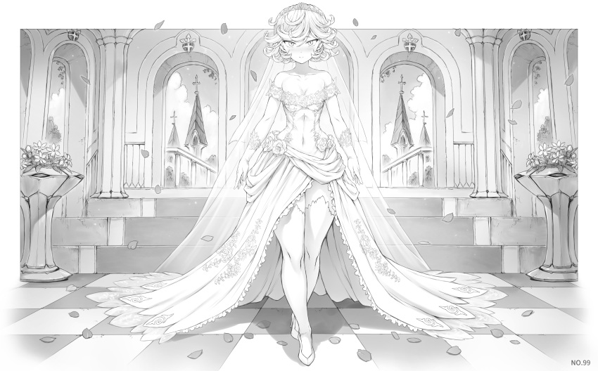 1girl altar blush bouquet breasts cleavage collarbone crossed_legs curly_hair dress gloves greyscale highres indoors looking_at_viewer mogudan monochrome one-punch_man petals short_hair small_breasts smile solo standing straight-on strapless strapless_dress tatsumaki thick_thighs thighhighs thighs watson_cross wedding_dress white_gloves white_thighhighs