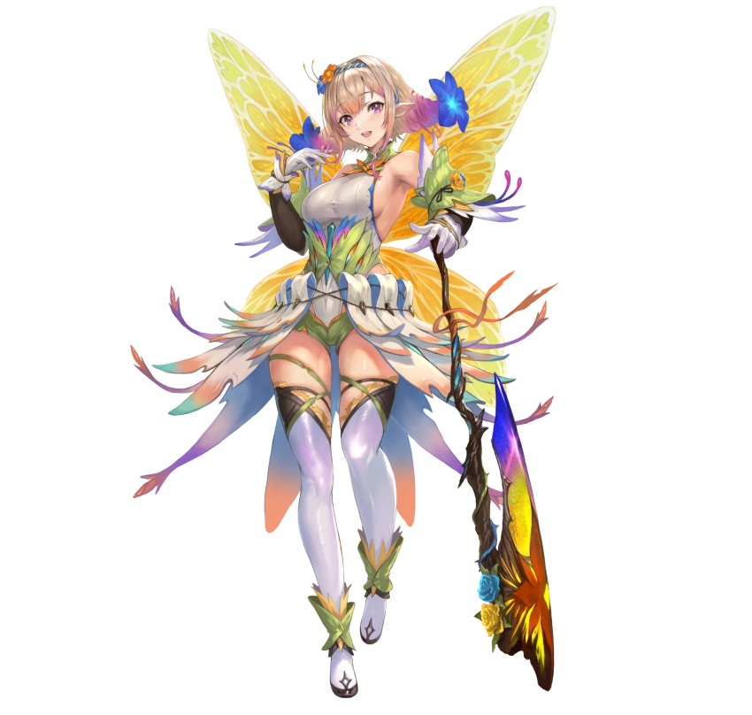 1girl absurdres alternate_costume armpits axe bare_shoulders battle_axe blonde_hair blue_hair boots breasts commentary_request fairy fairy_wings fire_emblem fire_emblem_heroes flower full_body gloves gradient_clothes gradient_hair hair_ornament hairband hand_up highres leotard long_hair looking_at_viewer medium_breasts multicolored_hair official_alternate_costume official_art open_mouth overskirt peony_(fire_emblem) pointy_ears purple_eyes purple_hair shiny_skin shorts simple_background sleeveless smile teeth thigh_boots thighs upper_teeth_only weapon white_background wings yoshiku_(oden-usagi)