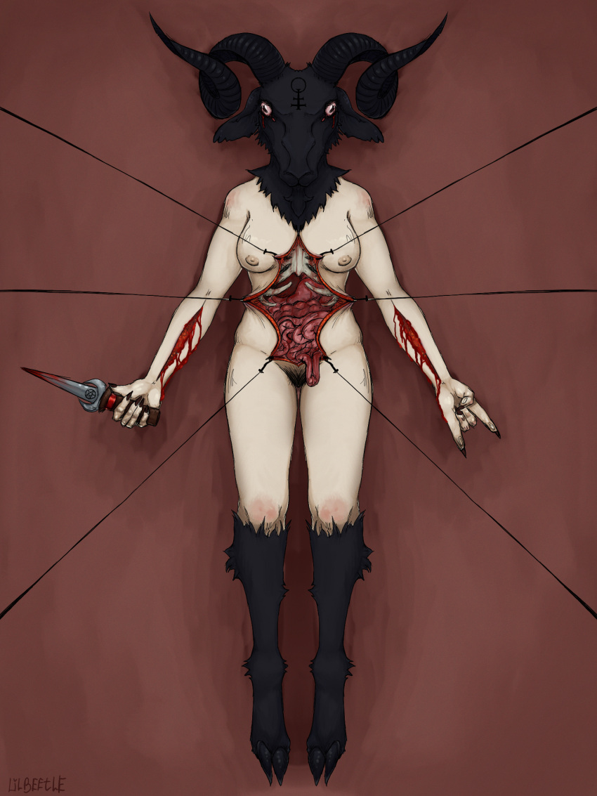 3:4 blood bodily_fluids bovid breasts caprine demon female goat gore guts gutted hi_res horror_(theme) humanoid knife lil_beetle mammal organs snuff solo solo_focus
