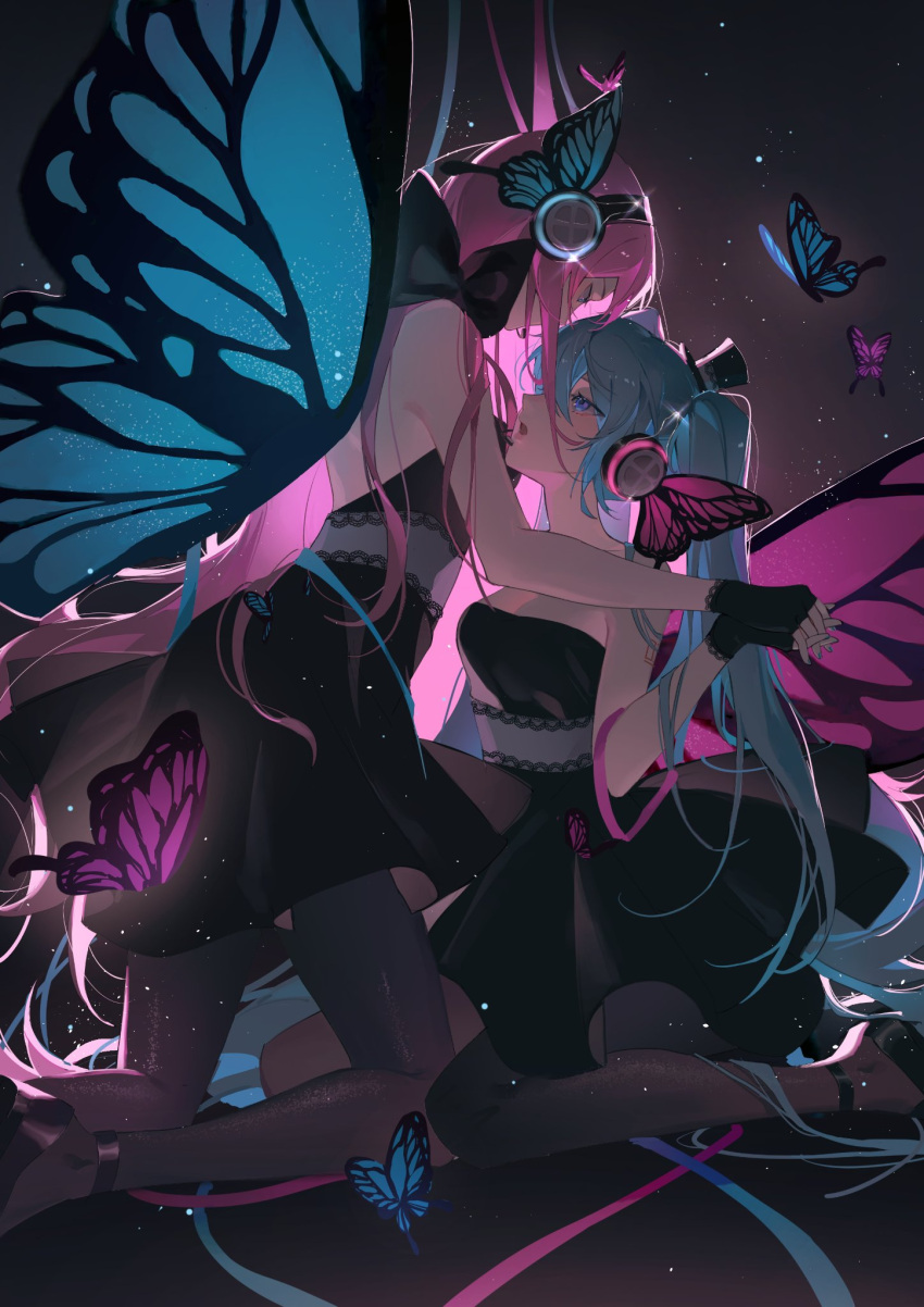 2girls black_background blue_eyes blue_hair breasts bug butterfly butterfly_wings cleavage commentary dorkyhuzzz dress english_commentary eye_contact fingerless_gloves gloves hat hatsune_miku headphones highres holding_hands interlocked_fingers kneeling large_breasts light_particles long_hair looking_at_another magnet_(vocaloid) megurine_luka microphone mini_hat multiple_girls nail_polish open_mouth pantyhose pink_hair shoes simple_background twintails very_long_hair vocaloid wings yuri