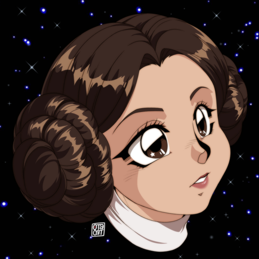 0tacat 1girl absurdres animification brown_eyes brown_hair commentary double_bun english_commentary hair_bun highres parted_lips princess_leia_organa_solo signature solo star_(sky) star_(symbol) star_in_eye star_wars star_wars:_a_new_hope symbol_in_eye