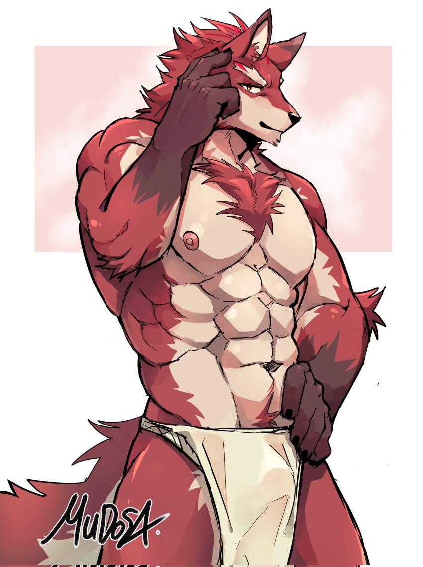 1boy abs animal_ears bara border closed_mouth cowboy_shot fundoshi hand_on_own_head highres japanese_clothes looking_at_viewer male_focus mudosa muscular muscular_male navel nipples original pectorals red_fur signature solo tail white_border wolf_boy wolf_ears wolf_tail