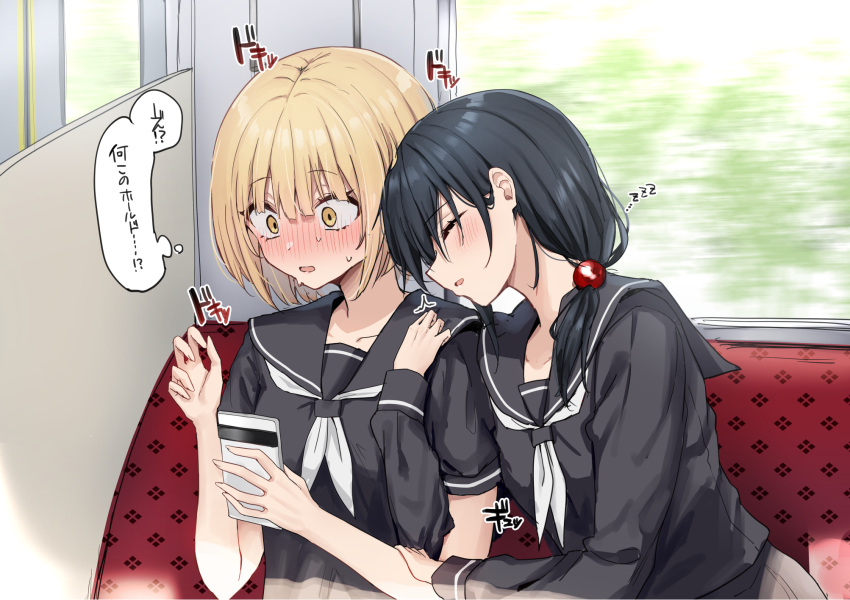 2girls arm_hug ascot black_hair black_sailor_collar black_serafuku black_shirt black_skirt blonde_hair blush breasts cellphone closed_eyes collarbone commentary_request full-face_blush hair_between_eyes highres holding holding_phone long_hair low_ponytail multiple_girls open_mouth original phone piripun puffy_sleeves sailor_collar school_uniform serafuku shadow shirt short_hair short_sleeves skirt sleeping sleeping_on_person small_breasts smartphone sweat train_interior translation_request upper_body white_ascot wide-eyed window yellow_eyes yuri