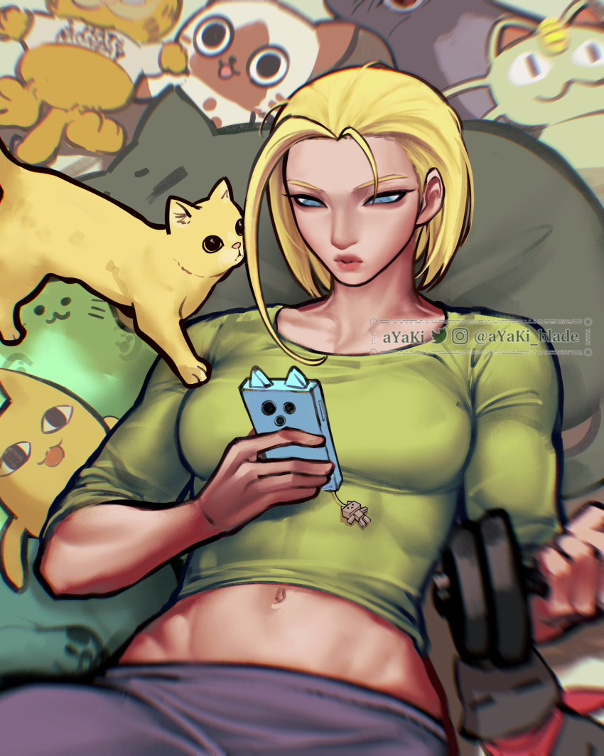&lt;o&gt;_&lt;o&gt; 1girl :3 artist_name ayaki_d azumanga_daioh blonde_hair blue_eyes breasts cammy_white cat cellphone character_doll charm_(object) commentary_request dumbbell exercise garfield garfield_(character) groin highres holding holding_phone lying medium_breasts medium_hair meowth mihama_chiyo's_father navel on_back phone pokemon smartphone smartphone_case street_fighter street_fighter_6 toned twitter_username watermark