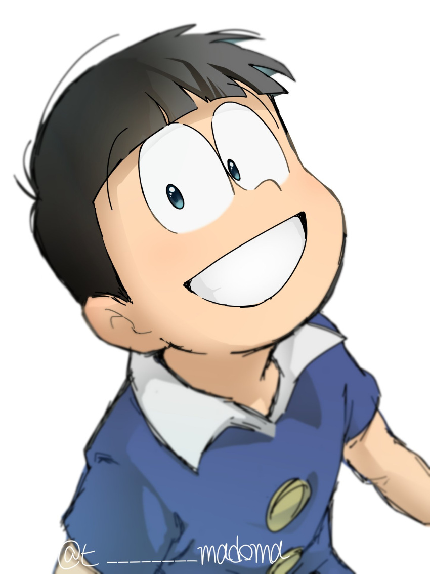 1boy black_hair blue_eyes blue_shirt blunt_bangs buttons child collared_shirt grin highres looking_at_viewer male_focus matsuno_osomatsu osomatsu-kun shirt simple_background smile t-madoma twitter_username white_background wing_collar