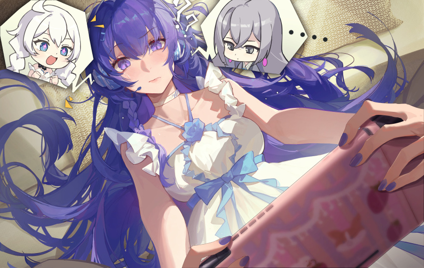 ... 3girls :d ? ?? ahoge bare_shoulders bed blue_eyes braid bronya_zaychik closed_mouth collarbone commentary_request controller dress earrings frilled_dress frills from_above game_controller grey_eyes grey_hair headphones highres holding holding_controller holding_game_controller honkai_(series) honkai_impact_3rd jewelry kiana_kaslana kuroduki_(pieat) long_hair lying multiple_girls nail_polish nintendo_switch on_back open_mouth pillow purple_eyes purple_hair purple_nails raiden_mei smile third-party_source twin_braids white_dress white_hair