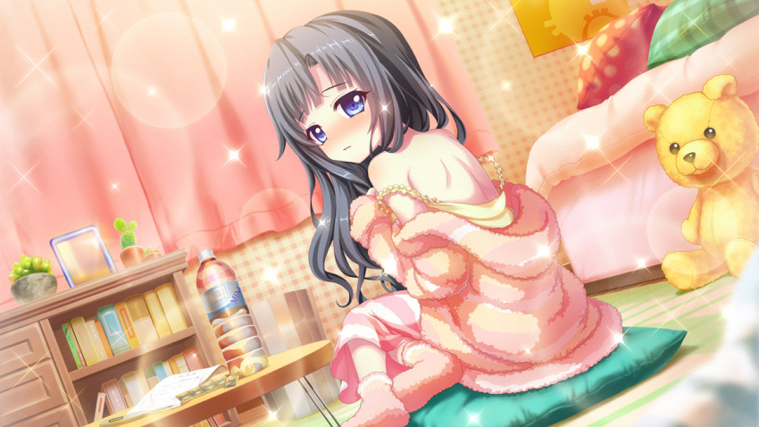 1girl back bare_shoulders bed bedroom black_hair blue_eyes blurry blurry_foreground blush book bottle cactus curtains cushion dot_nose double_strap_slip dutch_angle fever film_grain from_behind fuzzy_clothes fuzzy_footwear game_cg hair_down indoors itsumura_yukari izumi_tsubasu lens_flare long_hair long_sleeves looking_back medicine mirror non-web_source off_shoulder official_art on_floor pajamas pants parted_lips pillow pink_footwear plaid plaid_pillow plant polka_dot polka_dot_pillow potted_plant re:stage! shoulder_blades sick solo sparkle striped striped_pants stuffed_animal stuffed_toy table teddy_bear trash_can water_bottle wooden_table zabuton