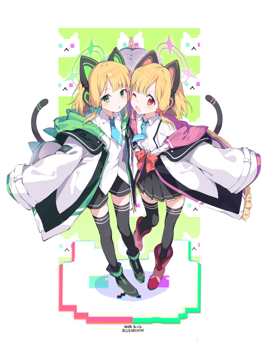 2girls ;d animal_ear_headphones animal_ears black_shorts black_skirt black_thighhighs blue_archive blue_necktie blunt_bangs cat_ear_headphones cat_tail cheek-to-cheek coat collared_shirt commentary_request fake_animal_ears green_eyes hair_ribbon halo headphones heads_together highres holding_hands long_sleeves looking_at_viewer midori_(blue_archive) momoi_(blue_archive) multiple_girls necktie one_eye_closed open_clothes open_coat outstretched_arms parted_bangs pleated_skirt red_eyes ribbon school_uniform shirt short_hair short_shorts shorts siblings sidelocks simple_background skirt smile spread_arms suspender_skirt suspenders tail thighhighs tress_ribbon twins white_coat white_shirt wide_sleeves you_guo_chaocai zettai_ryouiki
