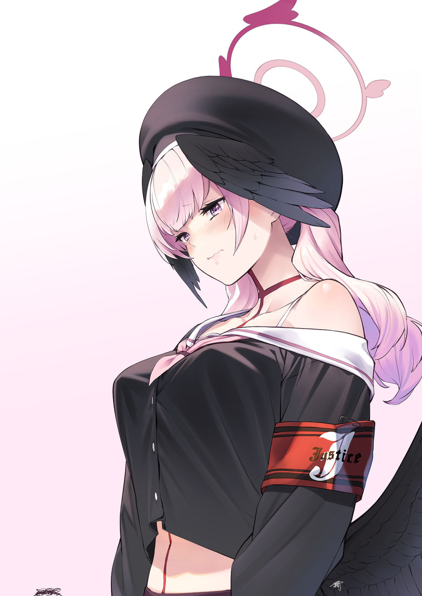 1girl alternate_breast_size armband beret black_headwear black_shirt black_wings blue_archive blush breasts closed_mouth collarbone feathered_wings gradient_background halo hat head_wings highres koharu_(blue_archive) large_breasts long_hair long_sleeves pink_eyes pink_hair red_armband red_halo safety_pin sailor_collar sailor_shirt shimotsuki_eight shirt signature solo twintails upper_body white_sailor_collar wings