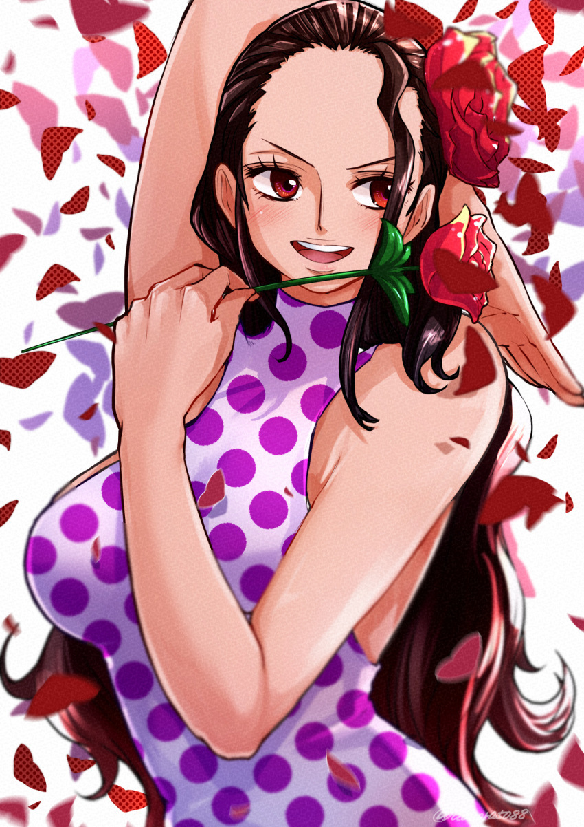 1girl aosora2823 arm_up black_hair blush breasts dress falling_petals flower forehead hair_flower hair_ornament highres holding holding_flower large_breasts long_hair one_piece petals polka_dot polka_dot_dress purple_dress red_flower red_rose rose sideways_glance sleeveless sleeveless_dress smile solo upper_body very_long_hair viola_(one_piece)