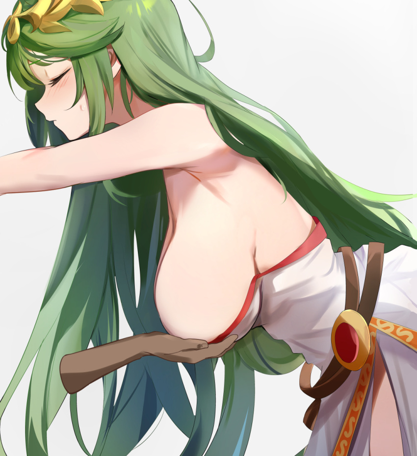 1girl 1other bare_shoulders belt breasts circlet cleavage closed_eyes closed_mouth dress from_side grabbing grabbing_another's_breast green_hair highres kid_icarus large_breasts leaning_forward long_hair palutena profile simple_background solo_focus strapless strapless_dress tomas_(kaosu22) upper_body very_long_hair white_background white_dress