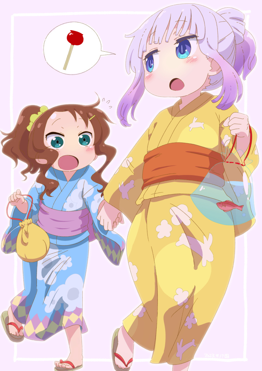 2girls aqua_eyes blue_eyes blue_kimono blush brown_hair candy_apple commentary floral_print food hair_ornament hairclip highres holding holding_hands japanese_clothes kanna_kamui kimono kobayashi-san_chi_no_maidragon long_sleeves medium_hair multiple_girls obi open_mouth ponytail print_kimono purple_background purple_hair saikawa_riko samansa_ex sandals sash speech_bubble spoken_food walking wide_sleeves yellow_kimono yukata zouri