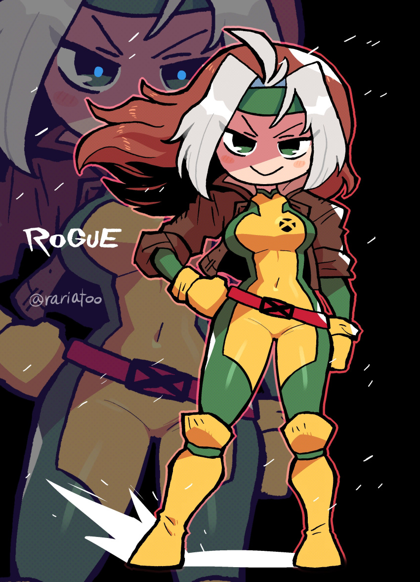 1girl absurdres animification belt black_background bodysuit bodysuit_under_clothes boots breasts brown_hair character_name coat covered_navel full_body gloves green_eyes hand_on_own_hip headband highres large_breasts marvel multicolored_hair rariatto_(ganguri) rogue_(x-men) smile solo thighhighs trench_coat twitter_username white_hair x-men zoom_layer