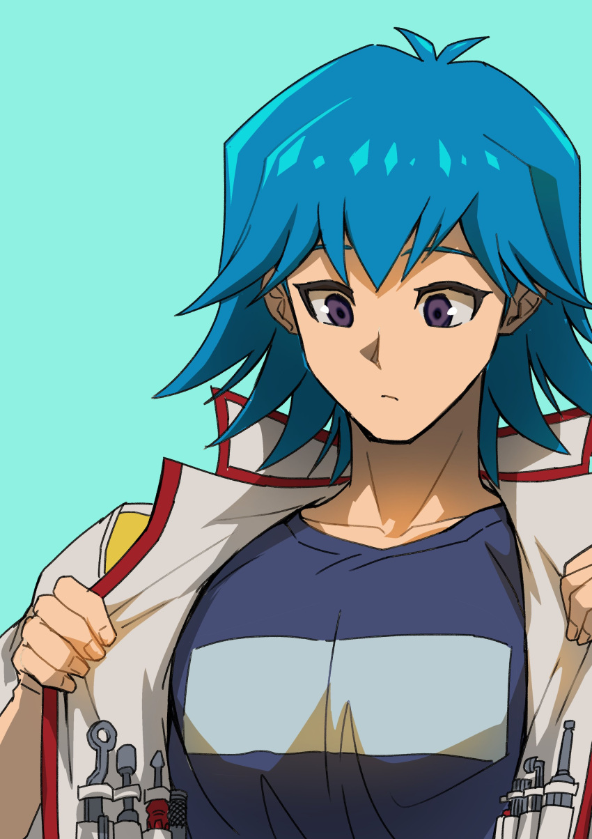 1boy absurdres blue_background blue_hair blue_shirt bruno_(yu-gi-oh!) clothes_pull high_collar highres jacket looking_down male_focus open_clothes open_jacket pectorals purple_eyes screwdriver shirt short_hair simple_background solo tools upper_body utility_vest white_jacket youko-shima yu-gi-oh! yu-gi-oh!_5d's