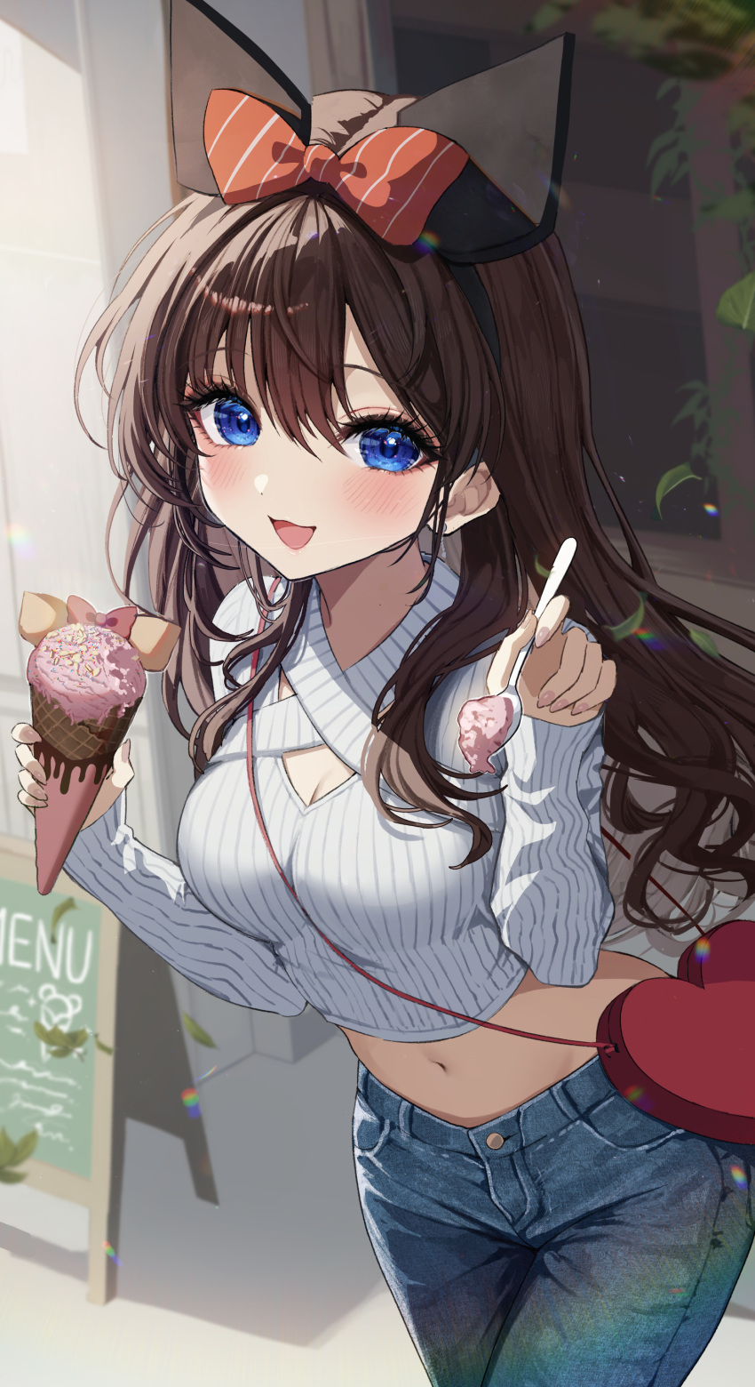 1girl absurdres alternate_costume bag black_hairband blue_eyes blue_pants blurry bow breasts brown_hair cleavage_cutout clothing_cutout covered_navel cowboy_shot crop_top cropped_sweater denim depth_of_field food hair_bow hairband hands_up heart highres holding ice_cream ichinose_shiki idolmaster idolmaster_cinderella_girls kudou_(sikisiki0000) long_hair long_sleeves looking_at_viewer medium_breasts midriff open_mouth outdoors pants ribbed_sweater shoulder_bag smile solo spoon standing stomach sweater white_sweater
