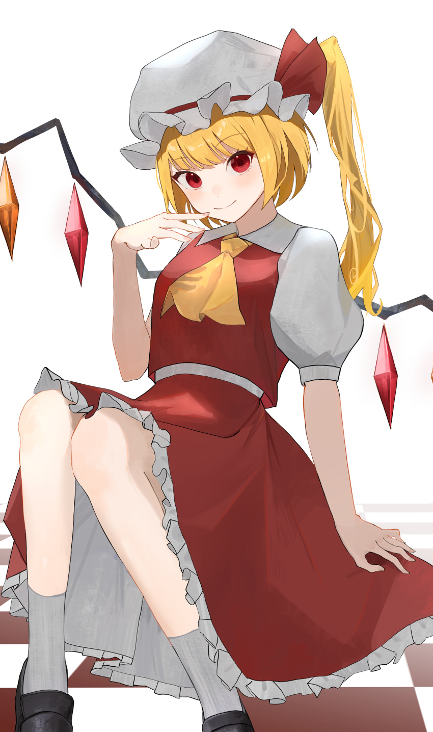 1girl absurdres arm_support ascot bad_hands blonde_hair closed_mouth feet_out_of_frame flandre_scarlet hand_up hat highres knees_together_feet_apart mob_cap palulap puffy_short_sleeves puffy_sleeves red_eyes red_vest ribbon shoes short_hair_with_long_locks short_sleeves simple_background sitting skirt smile socks solo touhou vest white_background white_headwear wings