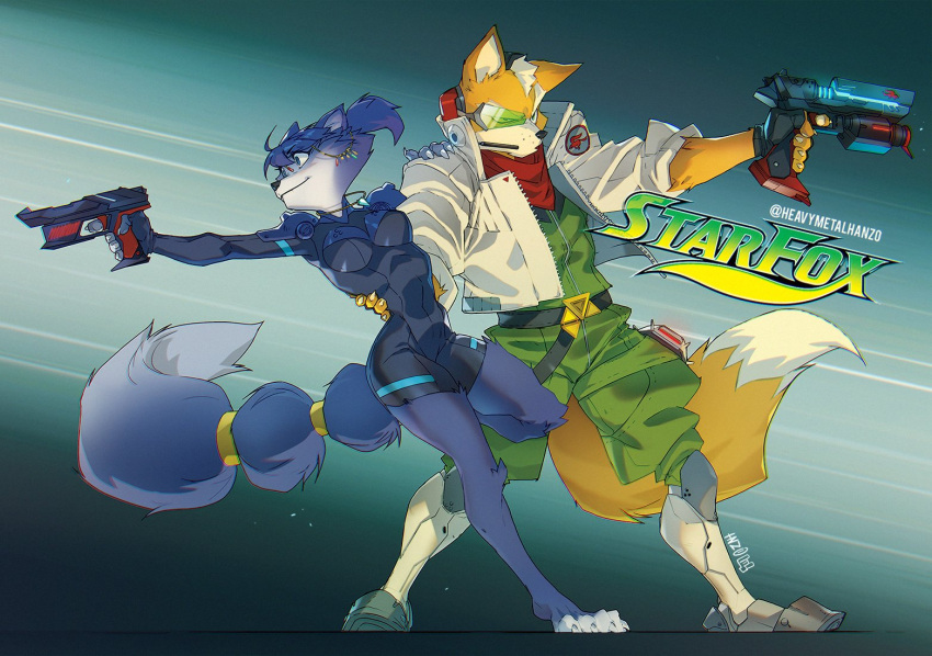 2023 anthro bandanna barefoot belt blue_body blue_eyes blue_fur blue_hair breasts brown_body brown_fur canid canine clothing dipstick_tail duo feet female fox fox_mccloud fur green_eyes gun hair hand_on_shoulder heavymetalhanzo jacket kerchief krystal male mammal markings nintendo ranged_weapon red_bandanna red_kerchief short_hair star_fox tail tail_markings topwear visor weapon white_body white_fur