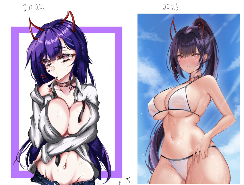 1girl akuma_nihmune artist_progress bare_shoulders bikini blush breasts cleavage demon_horns highres horns indie_virtual_youtuber large_breasts leon_decarabia long_hair looking_at_viewer mole ponytail red_eyes stomach swimsuit virtual_youtuber