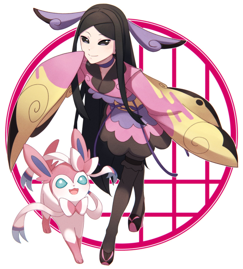 1girl black_eyes black_hair bright_pupils choker closed_mouth commentary_request hair_ribbon hand_up highres japanese_clothes kimono long_hair long_sleeves mocacoffee_1001 pantyhose parted_bangs pink_kimono pokemon pokemon_(creature) pokemon_(game) pokemon_xy purple_choker purple_ribbon ribbon sash shoes signature sleeves_past_fingers sleeves_past_wrists smile sylveon valerie_(pokemon) white_background white_pupils yellow_sash