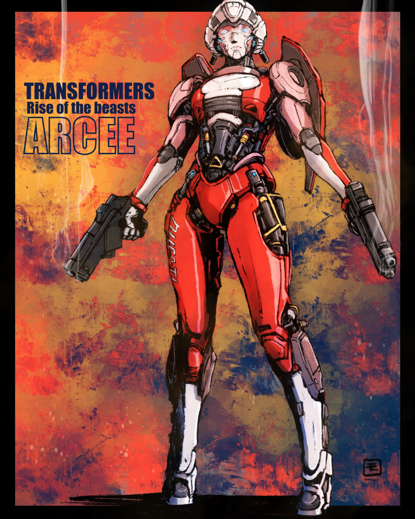 1girl absurdres arcee autobot black_border blue_eyes border character_name copyright_name ducati frown gun highres holding holding_gun holding_weapon looking_at_viewer mecha moyan procreate_(medium) robot science_fiction shadow smoke smoking_gun solo transformers transformers:_rise_of_the_beasts transformers_(live_action) weapon