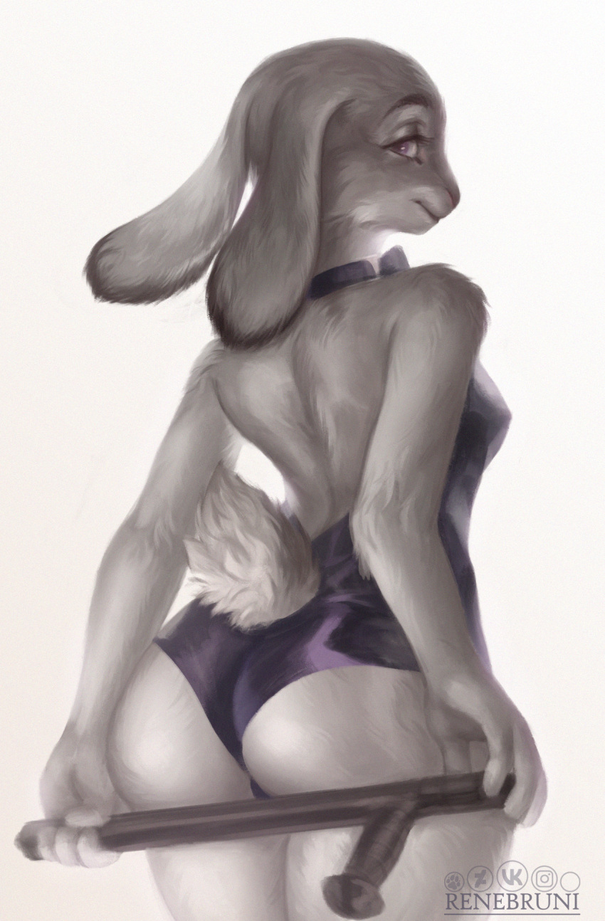 2023 4_fingers anthro artist_name black_clothing butt clothed clothing club_(weapon) colored digital_drawing_(artwork) digital_media_(artwork) digital_painting_(artwork) disney dress eyebrows eyelashes female female_anthro fingers fur grey_body grey_fur hi_res invalid_tag judy_hopps lagomorph leporid looking_at_viewer looking_back mammal melee_weapon nightstick police_baton portrait purple_eyes rabbit renebruni shaded signature simple_background solo tail three-quarter_portrait watermark weapon white_background zootopia